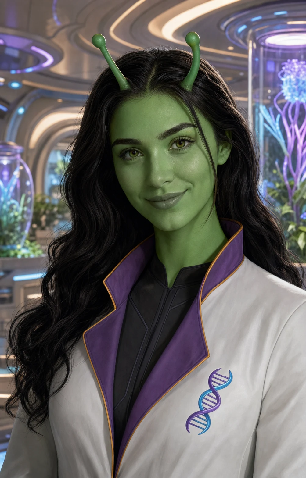 Dr. Aeliria St. Claire in a white XenoLife lab coat inside a Garden conservatory.