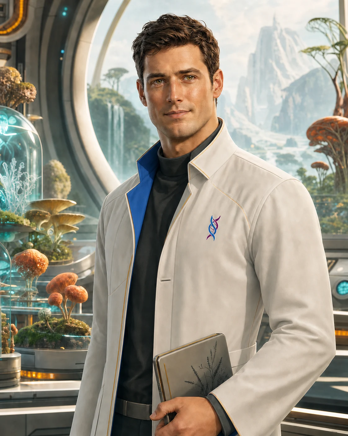 Dr. Drake Vellaut in a white XenoLife lab coat inside a Garden conservatory.